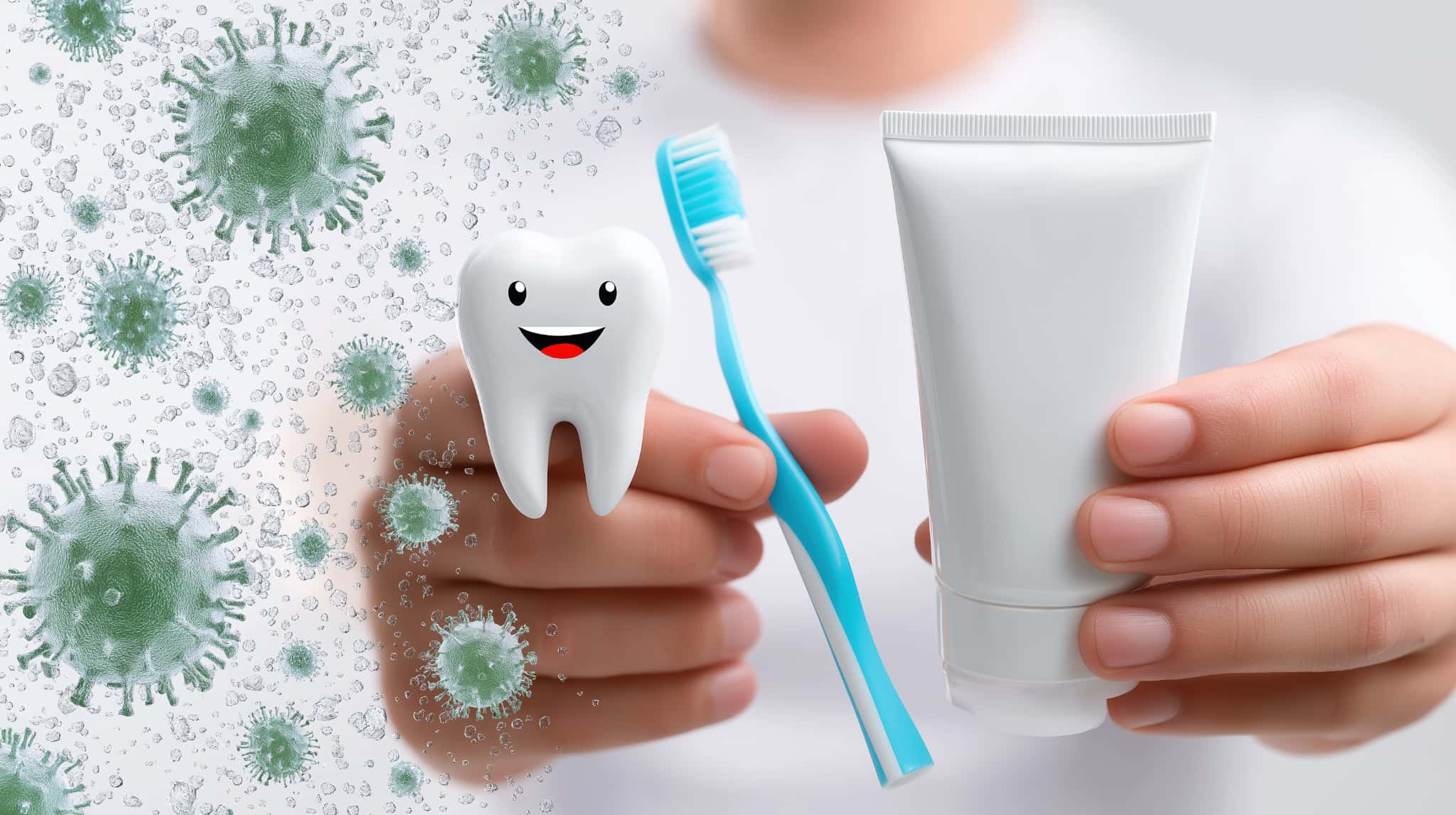 フッ素入り歯磨き粉で歯を虫歯菌から守るイメージ