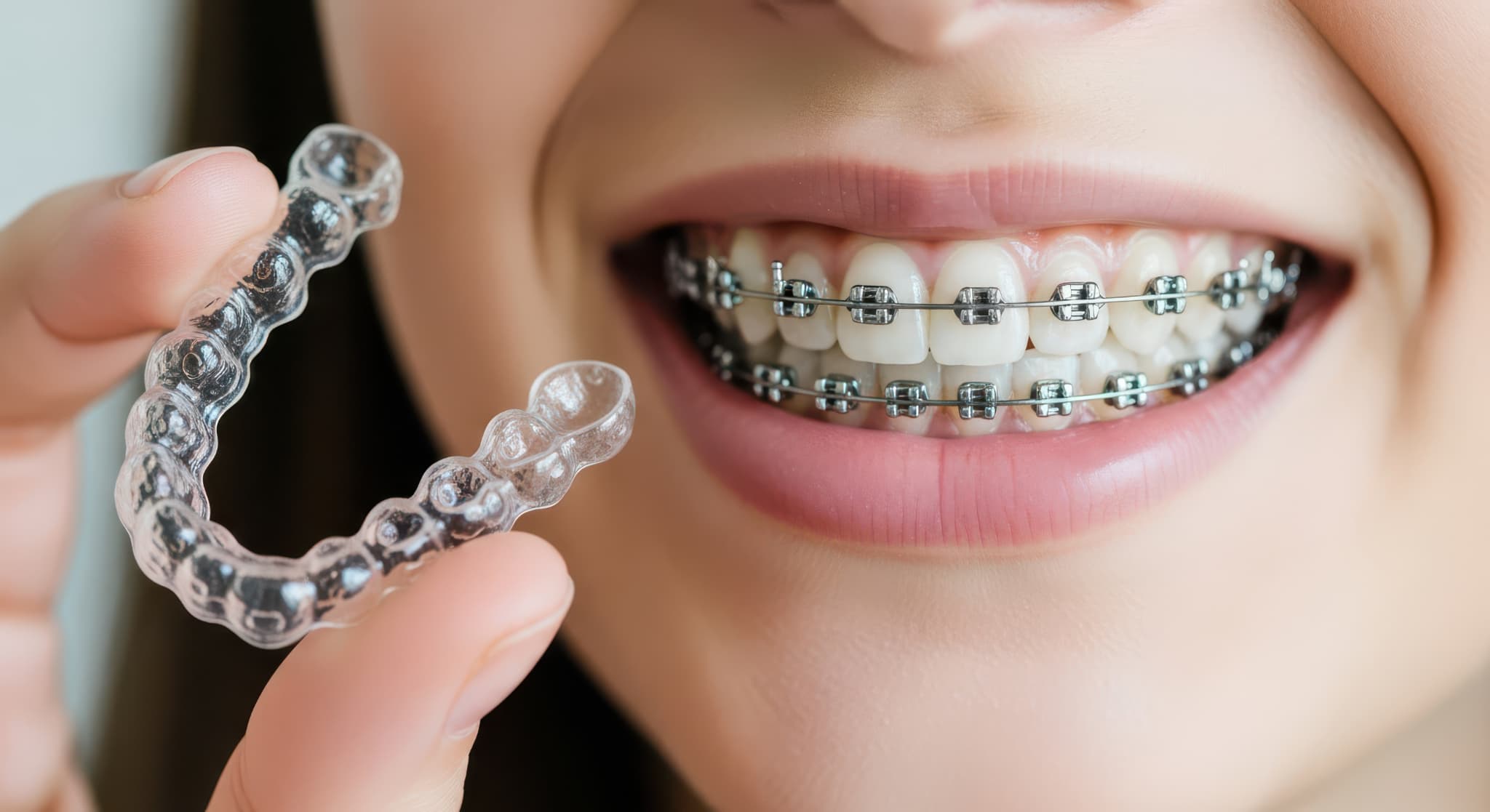 ワイヤー矯正で出っ歯を治療している女性の口元