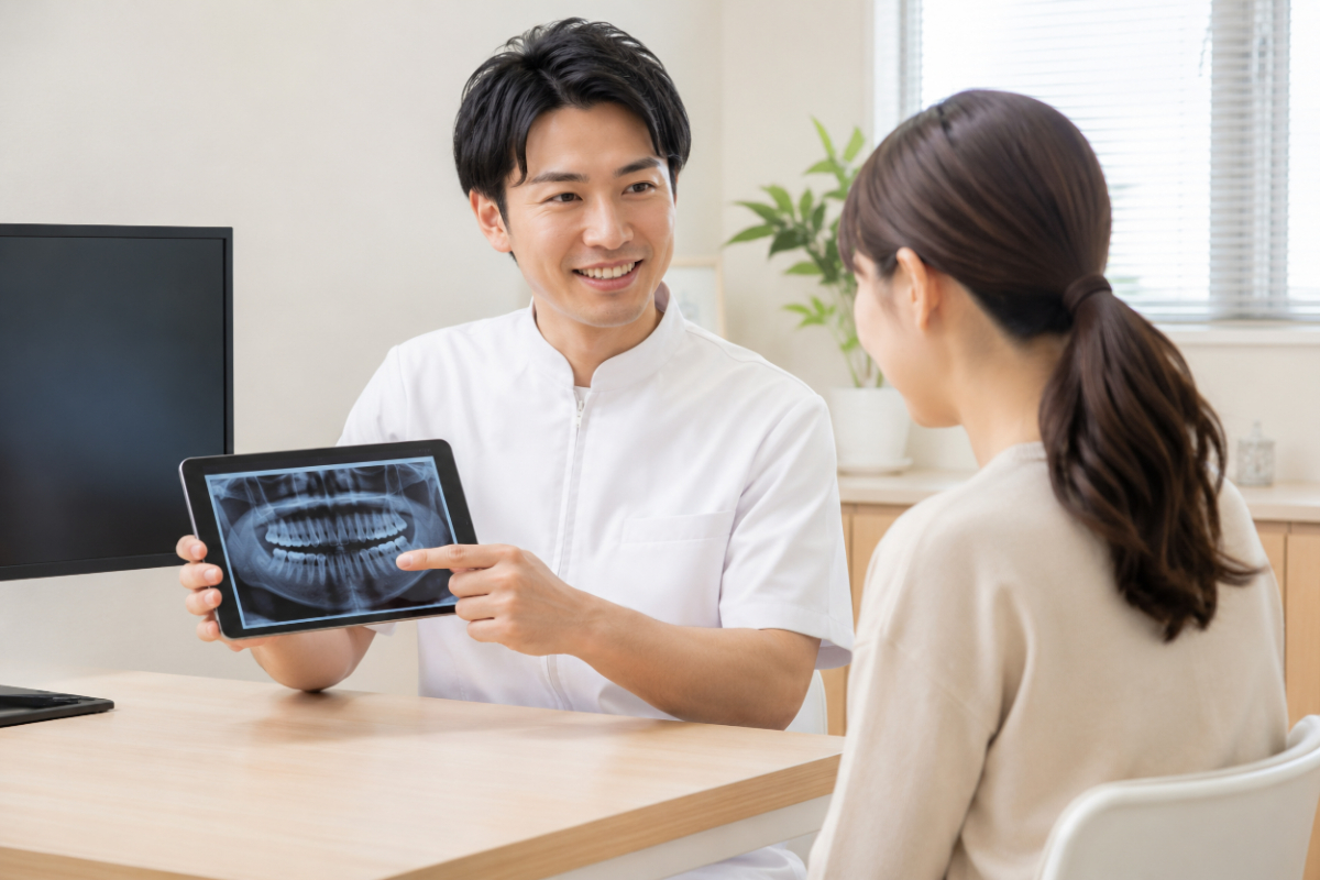 前歯をセラミックにする治療のために診察している様子